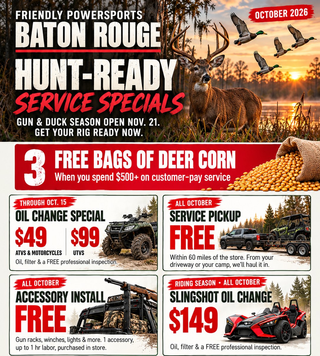 Friendly Powersports Baton Rouge October 2026 Hunt-Ready Service Specials flyer